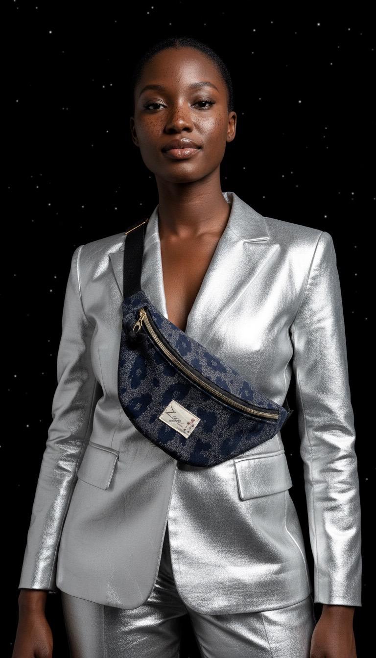 Sac banane femme fête | Jacquard léopard paillettes marine et argentée & doublure noireSac Femme Zage Colorful Life