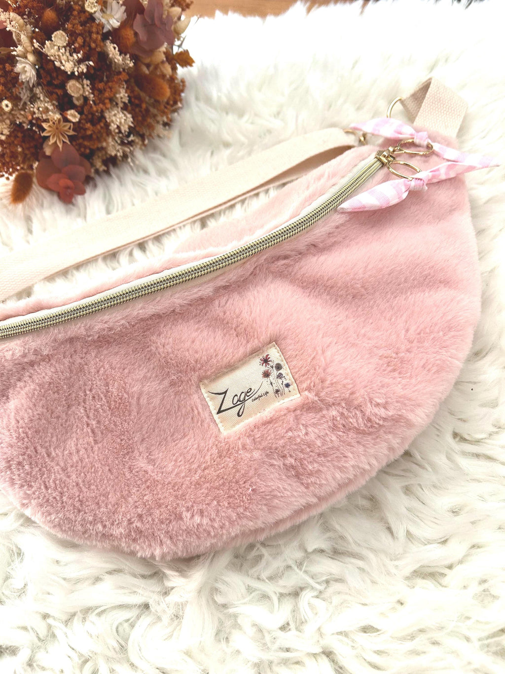 Sac banane femme hiver | Fausse fourrure rose & doublure rayures rosesSac Femme Zage Colorful Life