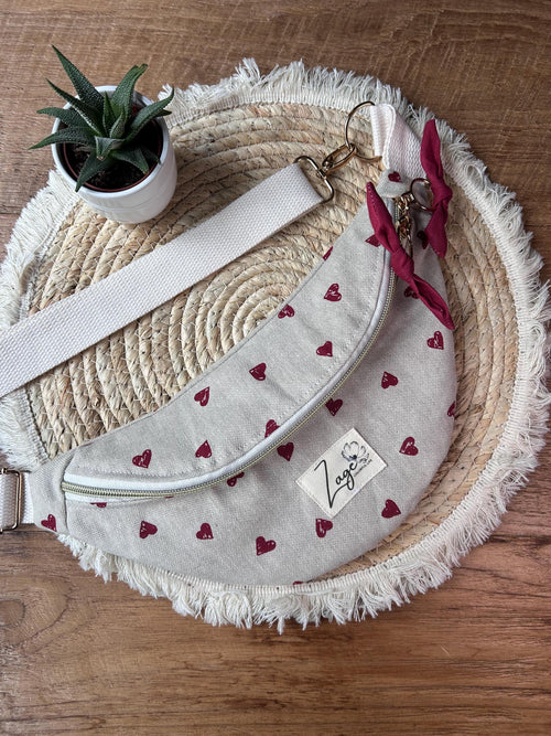 Sac banane femme  | Toile beige cœurs rouges & doublure rougeSac Femme Zage Colorful Life