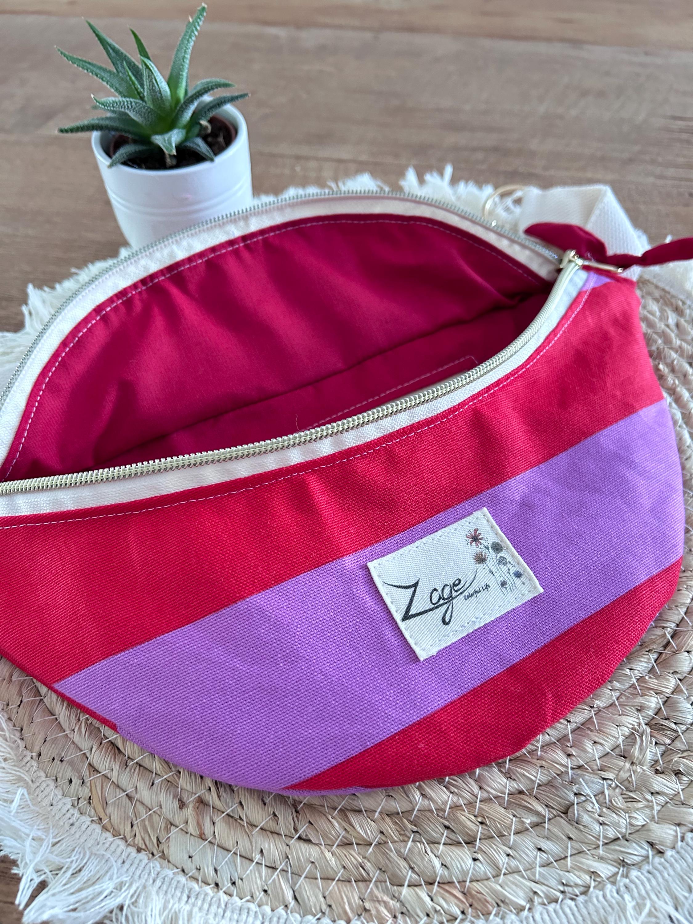 Sac banane femme été | Toile canvas rayée parme/rouge & doublure rougeSac Femme Zage Colorful Life