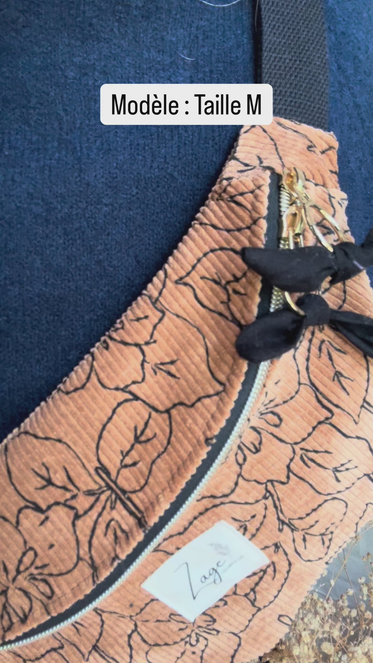 Sac banane femme hiver | Velours côtelé marron fleuri & doublure noire