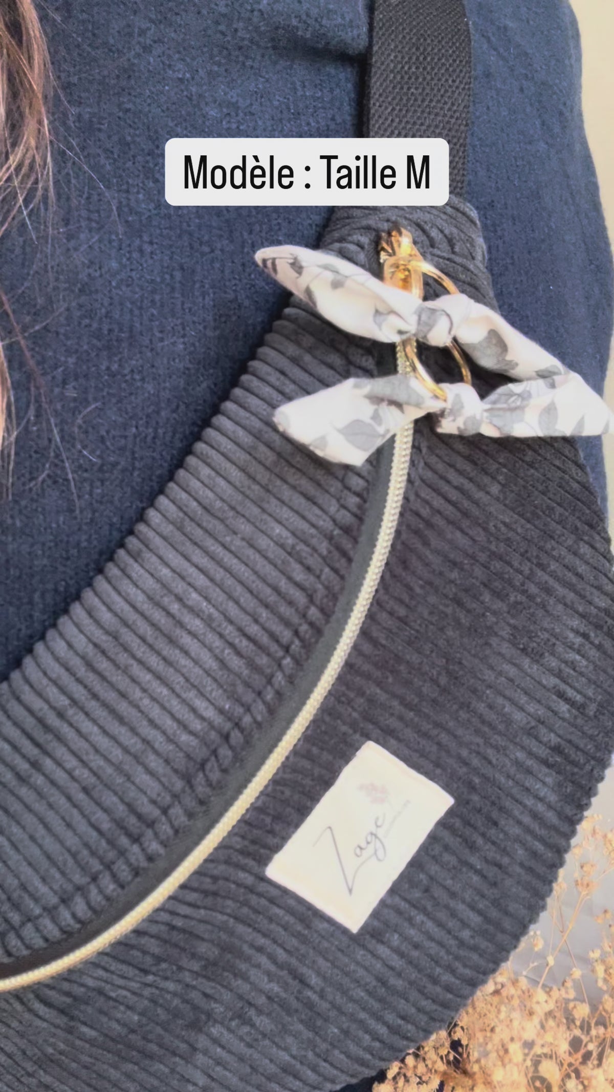 Sac banane femme hiver | Velours côtelé noir & doublure fleurie