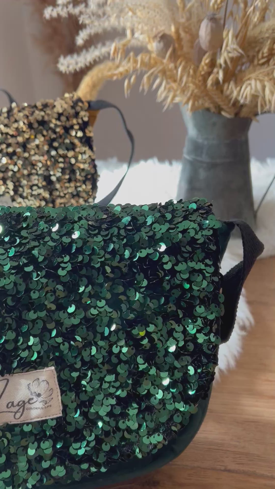 Sac Besace à rabat femme fête | Sequins, velours matelassé  & doublure noire